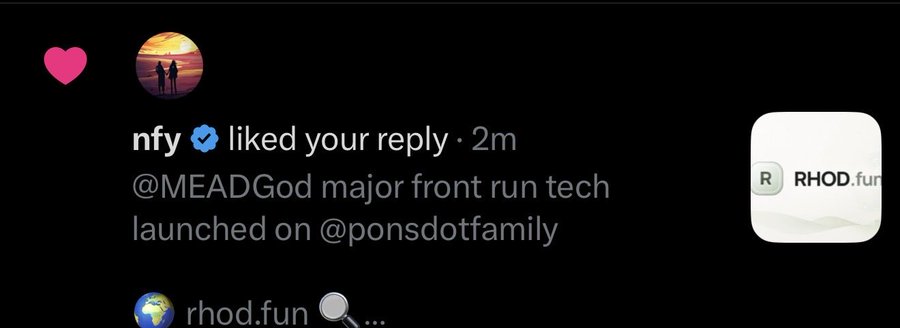 A notification shows that verified user "nfy" (@nafaydefi) liked a reply tagging "@MEADGod" about major front run tech being launched on "@ponsdotfamily" by rhod.fun. This aligns with the accompanying post celebrating rhod.fun being recognized by prominent Solana figures like Phantom and Meteora.