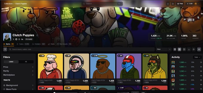 A screenshot of an NFT marketplace interface for the 'Clutch Puppies' collection on OpenSea, showing cartoon dog avatars with various accessories and traits.