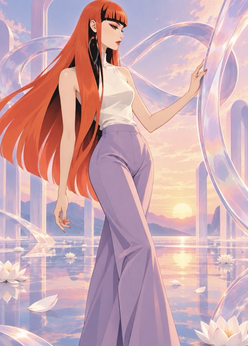 An anime-style illustration of a woman with long flowing red hair wearing a white sleeveless top and purple pants, standing in a serene pool with water lilies and a sunset.