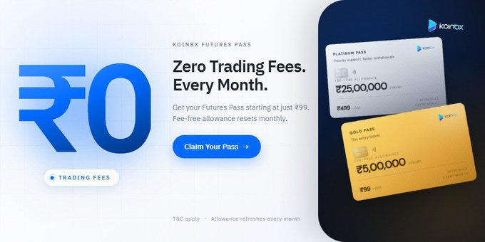 The image advertises Koinbx Futures Pass with zero monthly trading fees starting at ₹99, featuring Platinum Pass (₹25,00,000 allowance for ₹499) and Gold Pass (₹5,00,000 allowance for ₹99) options. The post's mention of "$100" likely refers to the promotional low entry price of ₹99 (~$1.20 USD) for the Gold Futures Pass, though the claim of "$100 ain't too little" seems disconnected from the actual low-cost Indian rupee pricing shown.