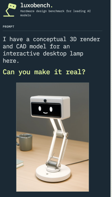 The image shows a Luxobench webpage displaying a prompt where a user asks an AI model to turn a conceptual 3D render of a robot-like desktop lamp into a real product, alongside the rendered image of the white articulated lamp with a digital face. The post highlights Luxobench as an AI hardware design benchmark created by ai16z dev, gaining viral attention at luxobench.com for pioneering AI-driven product development.