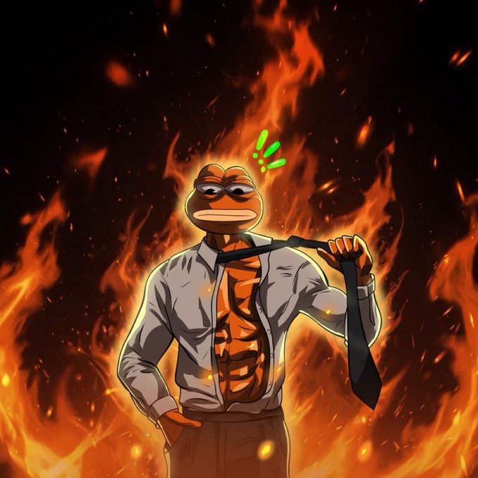 An illustrated meme of Pepe the Frog in a muscular pose wearing a white shirt and loosened tie, standing against dramatic fire flames with exclamation marks above his head.