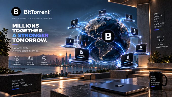 A promotional banner for BitTorrent with the slogan 'MILLIONS TOGETHER. A STRONGER TOMORROW.', featuring a digital globe surrounded by connected laptops.