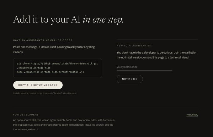 A dark webpage titled "Add it to your AI in one step" displays installation instructions for the "throo-ride-skill" git repository with commands to clone and install via npm, alongside a "COPY THE SETUP MESSAGE" button and email signup form for AI assistants like Claude Code. The page promotes an open-source skill that lets AI agents search, book, and pay for real rides, directly tying to the post about AI ride-hailing agents navigating NYC.