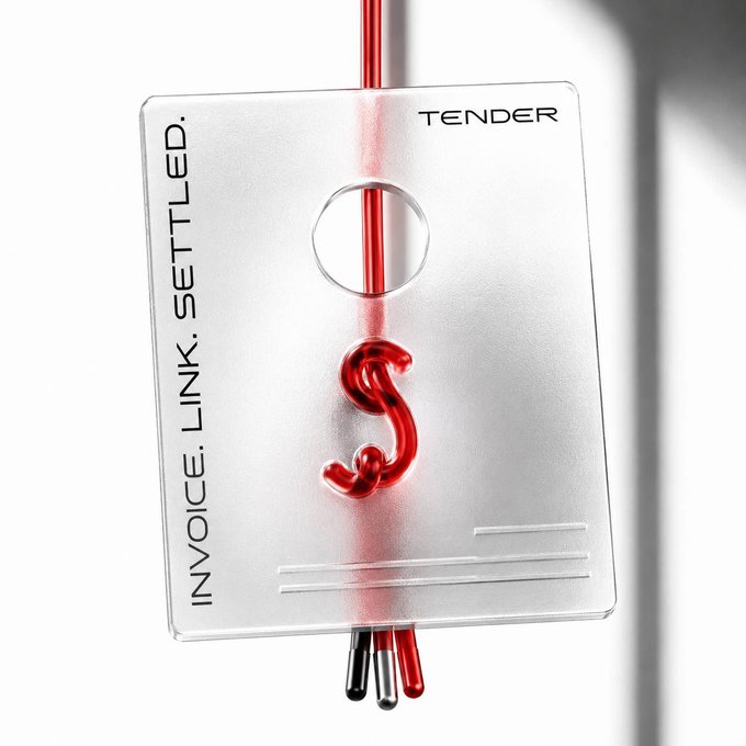 A translucent plastic tag with the text 'TENDER' at the top right, 'INVOICE. LINK. SETTLED.' on the left side, featuring a circular hole and a red string passing through with a red dollar sign ($) inside.