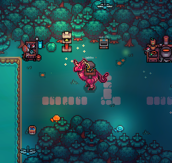 A pixel art video game screenshot showing a character riding a pink creature in a forest area, with other characters and structures labeled '4d_lh' and 'labkko' nearby.