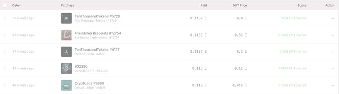 A transaction history table listing NFT purchases including 'TenThousandTokens #5729', 'Friendship Bracelets #52754', 'TenThousandTokens #4127', '#32290', and 'CryptToadz #6809', with prices ranging from 0.1 to 0.416 ETH.