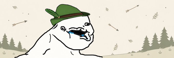 A cartoon illustration of a crying baby wearing a green hat, set against a forest landscape background with arrows and leaves, humorously embodying the "retardhood" theme referenced in the post about a new banner image for the $RETARDHOOD token on Moby.