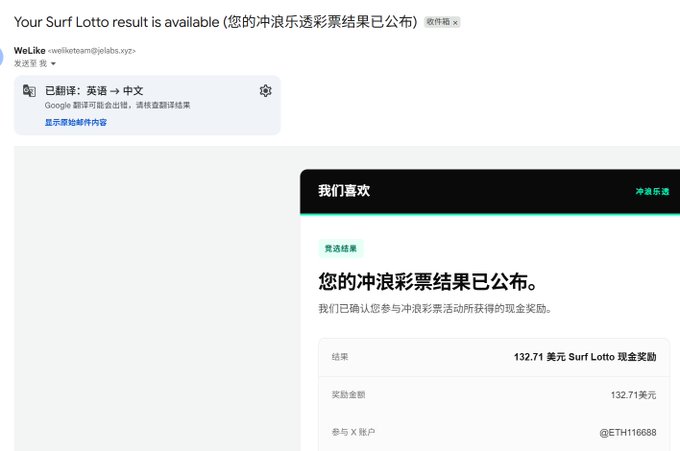 A screenshot shows an email notification from WeLike announcing a Surf Lotto result with a reward of 132.71 USD, with the email content translated from English to Chinese.