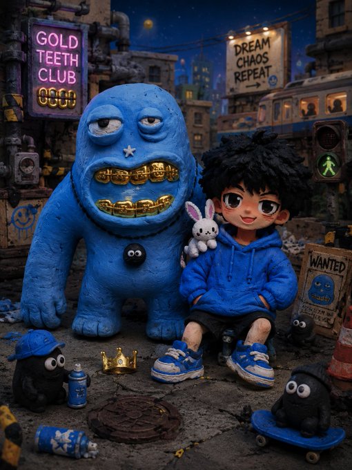 The image features a boy sitting next to a blue monster with gold teeth, surrounded by various toys including a skateboard. The scene takes place in an urban setting, possibly a city street or alleyway. In the background, there are signs for a "Gold Teeth Club" and a "Dream Chaos Repeat" club.