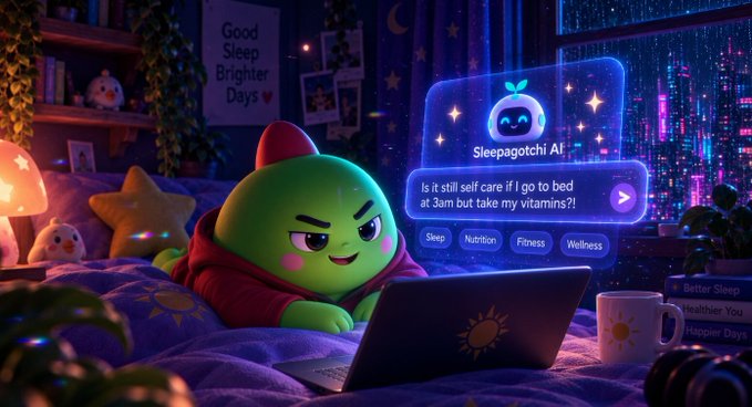 A green cartoon creature in a red hoodie types on a laptop in a cozy bedroom, interacting with a 'Sleepagotchi AI' chat bubble asking about self care at 3am.