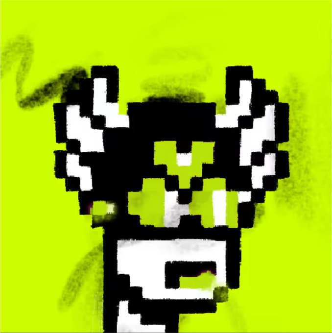 A pixel art-style image featuring a black and white character with horns and a wide grin against a bright green background.