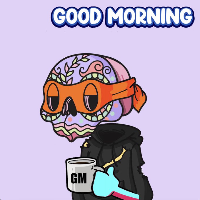 A cartoon illustration of a skull wearing an orange eye mask and black hooded robe holding a mug that says 'GM', with 'GOOD MORNING' written above on a light purple background.