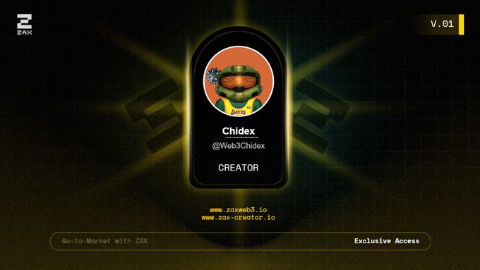 The image features a screenshot of a website called "Zax Web3" with an avatar displayed, which appears to be a character from the video game Halo. The avatar has a green helmet and a yellow visor. Below the avatar, there is a card that reads "Chidex", followed by a list of social media handles including "@WiiChiChi", "@ZaxWeb3", "@breyonchain", and "@0xdogacan". The website's URL can be found at the bottom right corner of the image.