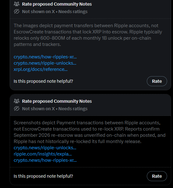 Two proposed Community Notes addressing claims about XRP escrow, clarifying that the images show payment transfers between Ripple accounts rather than EscrowCreate transactions, with sources citing crypto.news and xrpl.org to refute the "Fake news" claim.