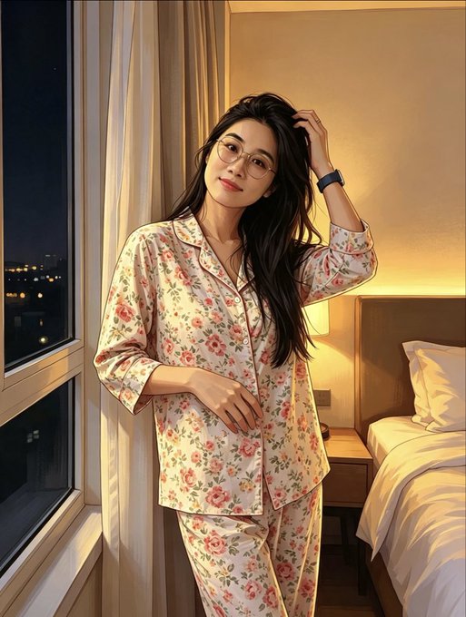 An illustration of a young woman with long dark hair and glasses wearing pink floral pajamas, standing in a softly lit bedroom next to a window showing a nighttime cityscape.
