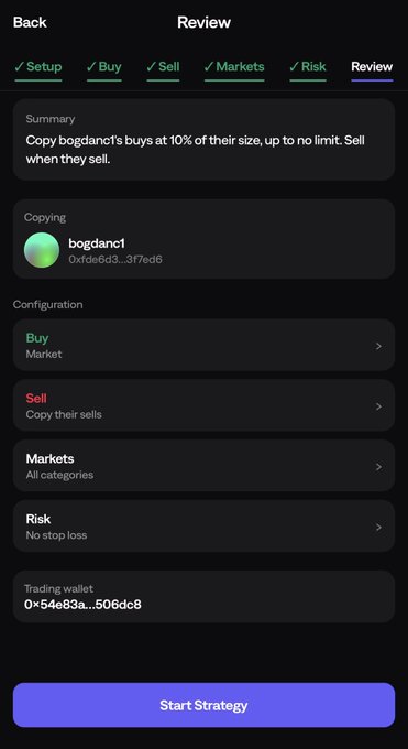 Mobile app screenshot of a trading strategy review screen showing copy trading settings for bogdanc1 with a Start Strategy button.