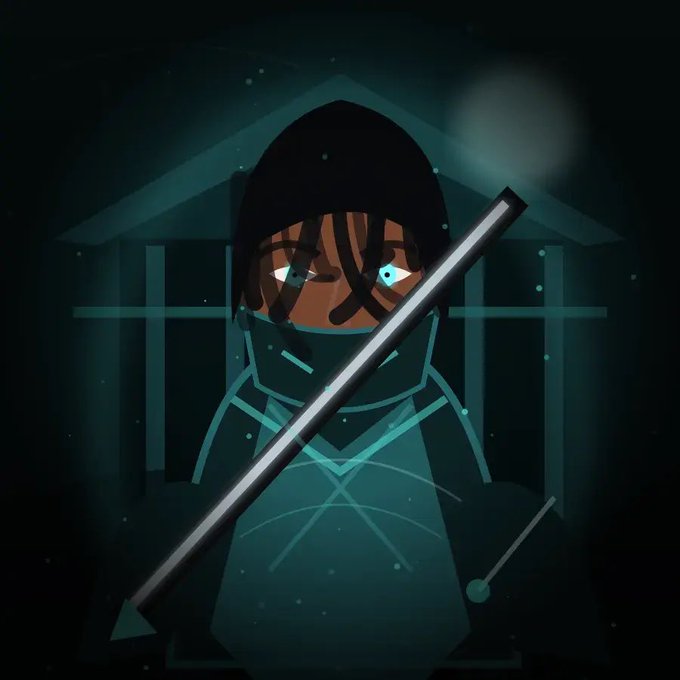 This image shows a character with glowing blue eyes and dreadlocks wearing a black beanie and a dark outfit, holding a staff. The character appears to be part of the @ShadowRoninARC project, which is giving out 3 GTD.