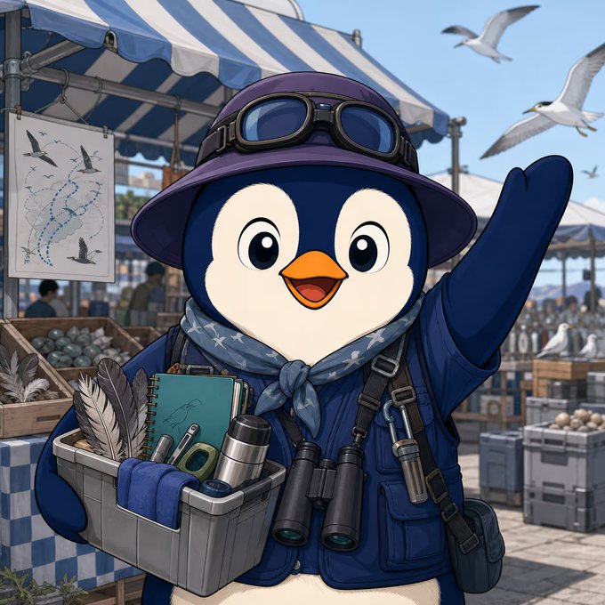 An animated penguin dressed as an explorer with a purple hat, goggles, and binoculars waves cheerfully at a seagull market.