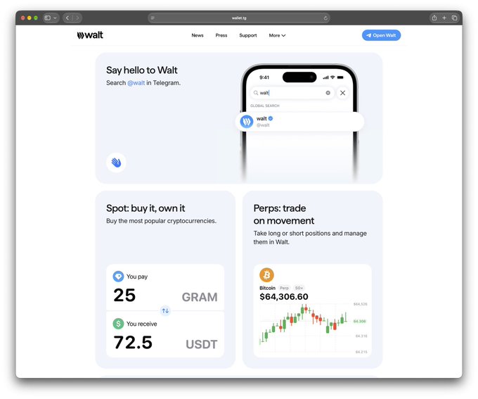 Screenshot of the Walt website (walt.to), a Telegram-integrated crypto app, highlighting features 'Spot: buy it, own it' (showing 25 GRAM to 72.5 USDT) and 'Perps: trade on movement' (showing a Bitcoin price chart at $64,306.60).