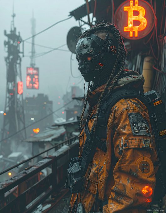 A cyberpunk-style digital illustration of a masked figure in an orange jacket standing in a dystopian cityscape beneath a glowing Bitcoin (₿) neon sign.