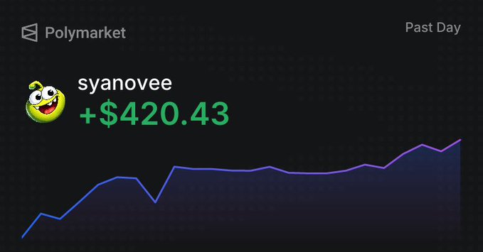 A Polymarket screenshot showing user 'syanovee' with a profit of +$420.43 over the past day, displayed with an upward-trending line graph.
