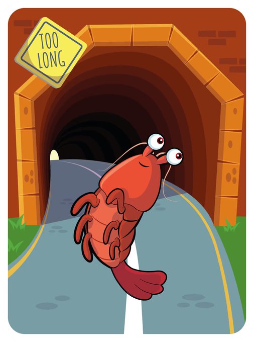 The image features a cartoon crab with big eyes standing on a road next to an orange tunnel. The crab appears to be walking along the road, possibly towards a yellow sign that reads "too long". The background of the image shows a brick wall, adding depth and context to the scene.