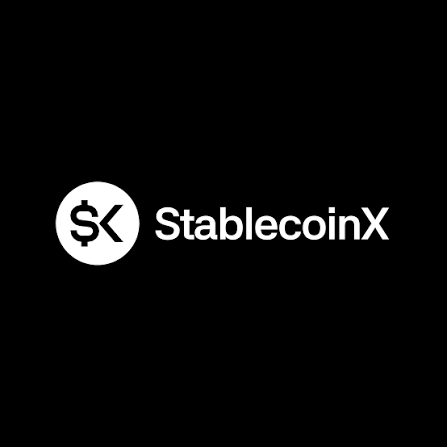 The StablecoinX logo featuring a white circle with a stylized dollar sign combined with the letter 'X' on a black background.