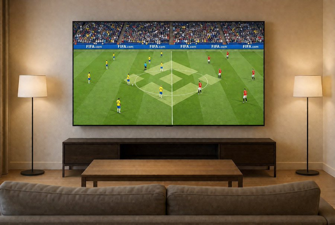 A spacious living room features a large wall-mounted TV displaying a FIFA soccer match, with "FIFA.com" branding visible on the stadium signage. The setup, framed by matching floor lamps and a comfortable sofa, supports the post's promise to "view every night" by offering an immersive sports viewing experience in a home setting.