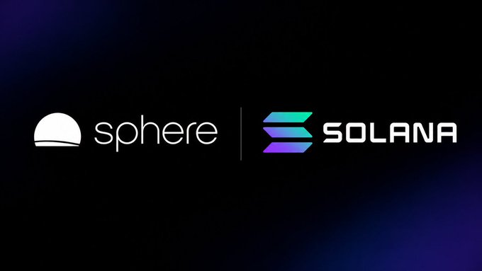 A dark banner displays the white 'sphere' logo alongside the colorful Solana logo and text, suggesting a partnership between the two.