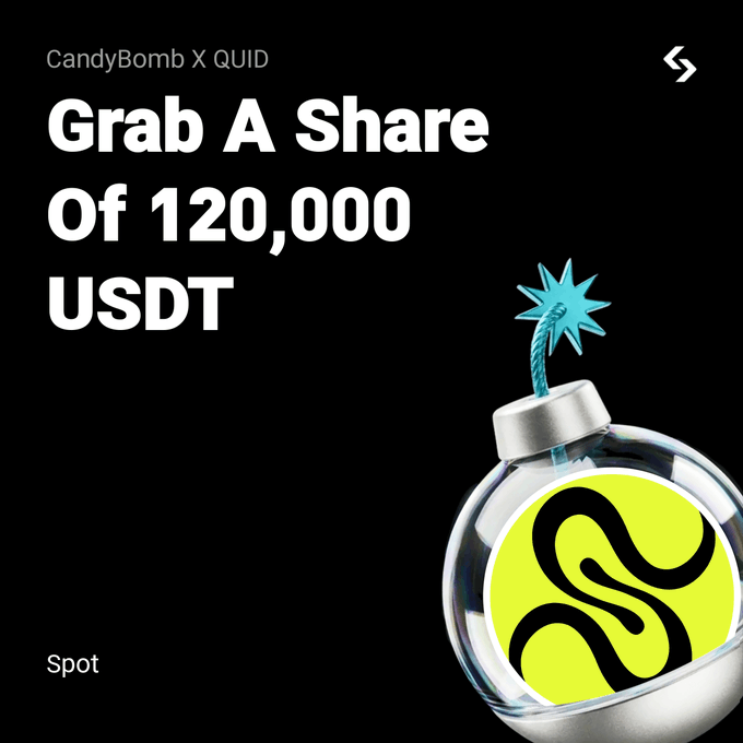 A promotional graphic for the CandyBomb X QUID event featuring a glass bomb with a fuse and a neon yellow Squid (QUID) logo inside, against a black background. The bold text reads "CandyBomb X QUID" and "Grab A Share Of 120,000 USDT," with "Spot" labeled in the bottom corner, advertising the trading competition on the Bitget partner platform.