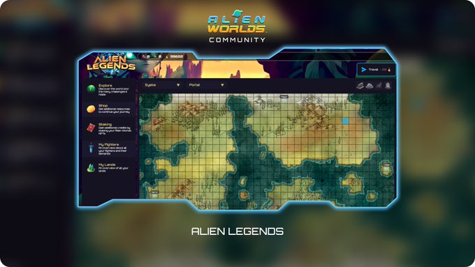 A screenshot from the Alien Worlds Community game showing the 'Alien Legends' interface with a hexagonal map.