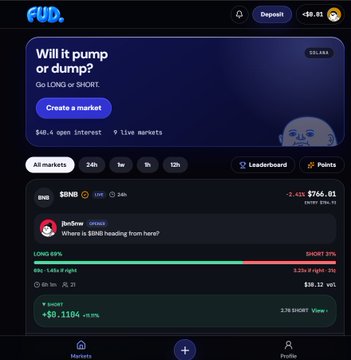 A screenshot of the FUD prediction market platform showing a BNB LONG or SHORT market with an 89% LONG prediction and a $50,118.4 open interest.