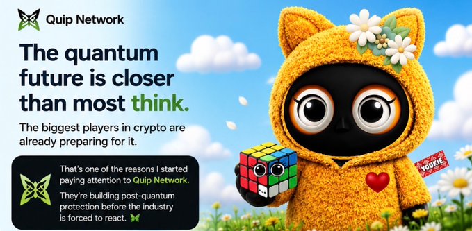 An advertisement for 'Quip Network' featuring a cute, cat-like character in a yellow hooded outfit holding a Rubik's cube, with text claiming 'The quantum future is closer than most think.'