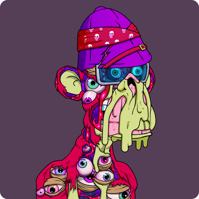 A vibrant, surreal cartoon illustration of a melting face covered in eyes, wearing a purple beanie with a skull-patterned band and futuristic glasses.