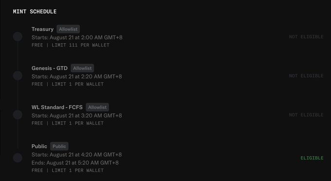 The image displays a mint schedule for an NFT project with four phases: Treasury (allowlist), Genesis-GTD (allowlist), WL Standard-FCFS (allowlist), and Public, all marked as FREE with a limit of 1 per wallet, starting August 21 at various GMT+8 times. The post discusses an FCFS (First Come First Serve) whitelist for the same NFT project, noting the 3,333 supply, free mint price, and Robinhood blockchain, while complaining about missing the whitelist opportunity.