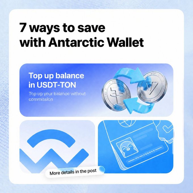An infographic titled '7 ways to save with Antarctic Wallet' featuring a blue panel about topping up balance in USDT-TON with illustrations of coin tokens, along with partial views of other saving method graphics.