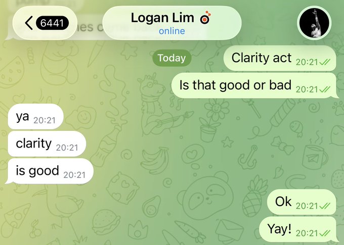 A Telegram chat screenshot showing an exchange between Logan Lim and another user discussing the "Clarity act," with Logan responding "ya, clarity is good" after asking "Is that good or bad," followed by "Ok" and "Yay!" messages. The conversation relates to the request for an act associated with "pumping our bags," with the user confirming the Clarity act meets that criteria.