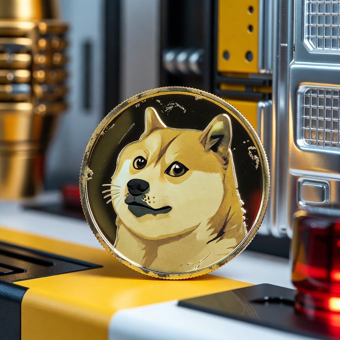 The image features a gold coin with a cartoon depiction of a dog on it, which appears to be a Dogecoin. The coin is placed on a yellow surface next to a red object that has a black stripe running through its center. The background includes a computer monitor and other computer parts, suggesting the presence of a workspace or office environment.