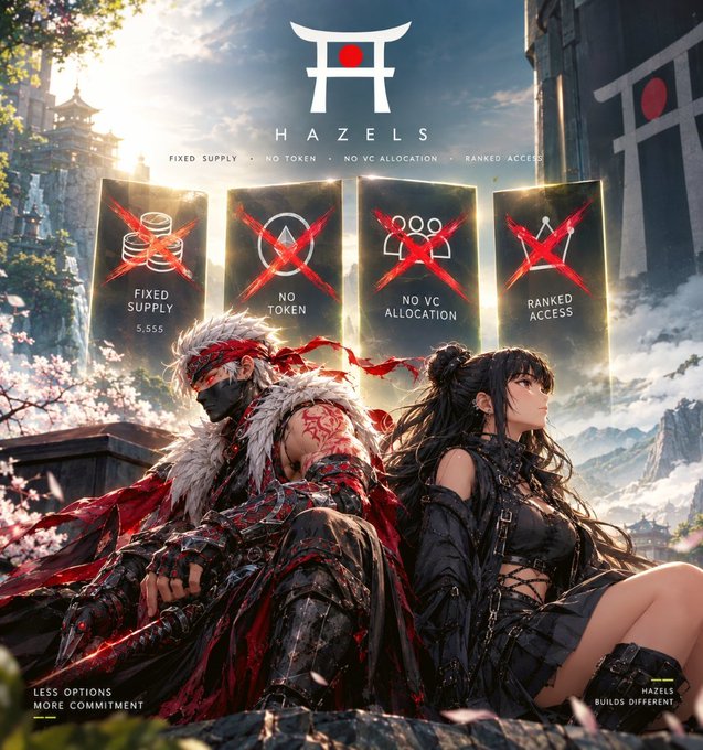 A promotional poster for 'HAZELS' featuring two anime-style warrior characters and four panels listing 'FIXED SUPPLY 5,555', 'NO TOKEN', 'NO VC ALLOCATION', and 'RANKED ACCESS'.