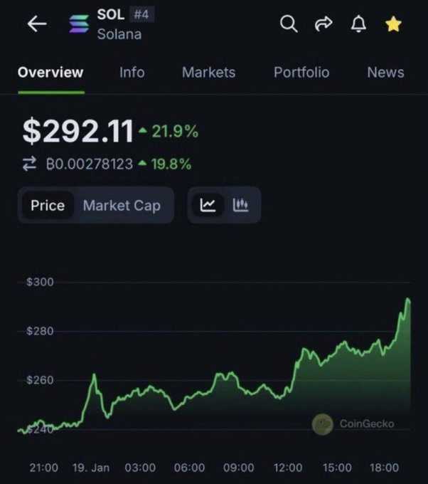 A CoinGecko screenshot shows Solana (SOL) trading at $292.11, up 21.9% on the day, with the price chart displaying a steady climb from around $240 to nearly $300 over the 24-hour period from Jan 19. The image reinforces the post's bullish thesis by visually demonstrating SOL's strong upward momentum, suggesting that holding through cycles can yield significant gains for associated memecoins.