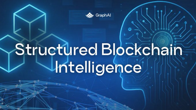 A blue-themed graphic with the 'GraphAI' logo, displaying the text 'Structured Blockchain Intelligence' alongside digital cube and brain imagery.