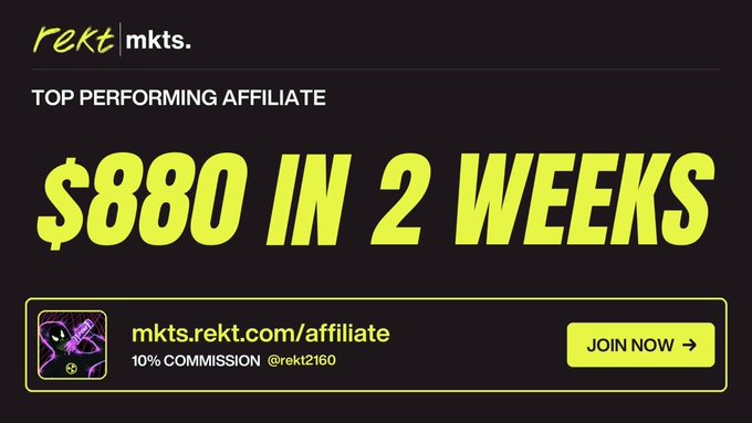 A promotional graphic for 'rekt mkts' affiliate program, advertising '$880 IN 2 WEEKS' with a 'JOIN NOW' button and the URL mkts.rekt.com/affiliate.