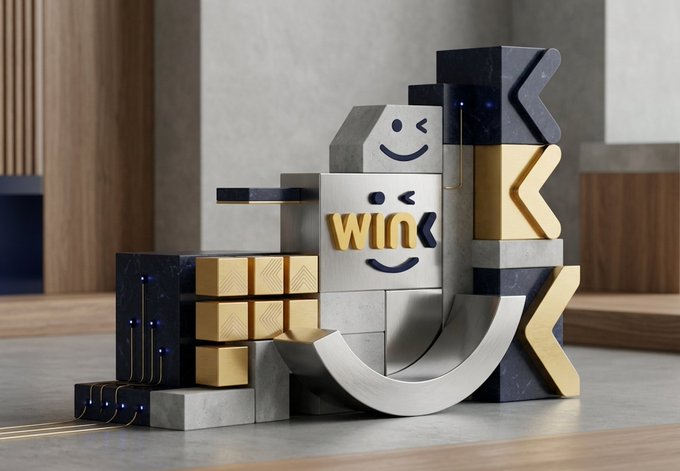 A sculptural arrangement of geometric blocks features smiley faces and the word "WIN" prominently displayed in gold lettering, with surrounding blocks bearing "K" shapes that spell out part of the #WINkLink branding. The composition visually reinforces the post's message about reliable, behind-the-scenes oracle infrastructure, using the playful "WIN" motif to symbolize successful, invisible data delivery on-chain.