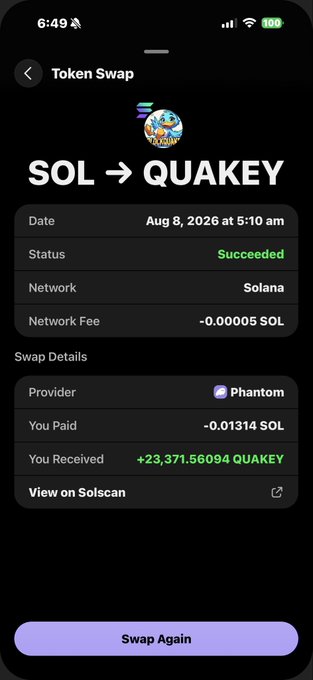 A Phantom wallet screenshot confirming a successful SOL → QUAKEY token swap on August 8, 2026, exchanging 0.01314 SOL for 23,371.56094 QUAKEY tokens, supporting the post's claim of "adding to my $QUAKEY bag."