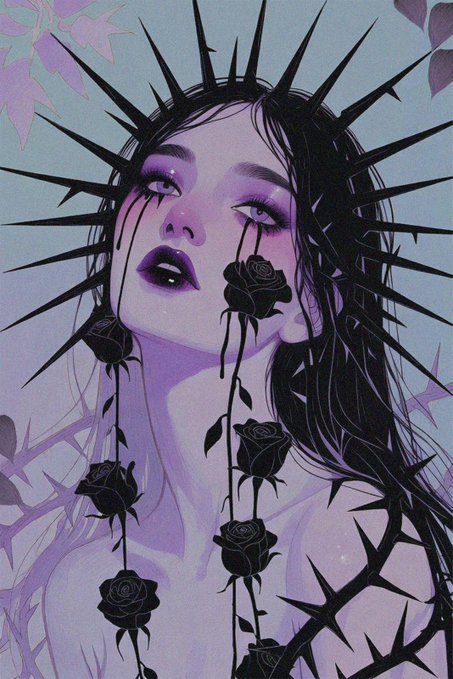An illustrated portrait shows a woman with purple skin, black tears, and a spiked crown halo, with black roses climbing around her.