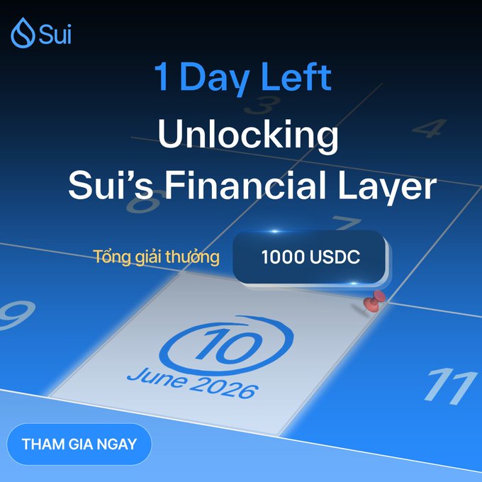 The image features a blue calendar with white text that says "10 June 2026" at the bottom of the page. The calendar also has a button underneath it, which reads "1 Day Left Unlocking Sui's Financial Layer". This suggests that there is an event or promotion related to Sui's financial layer and that people have only one day left to participate in this activity.