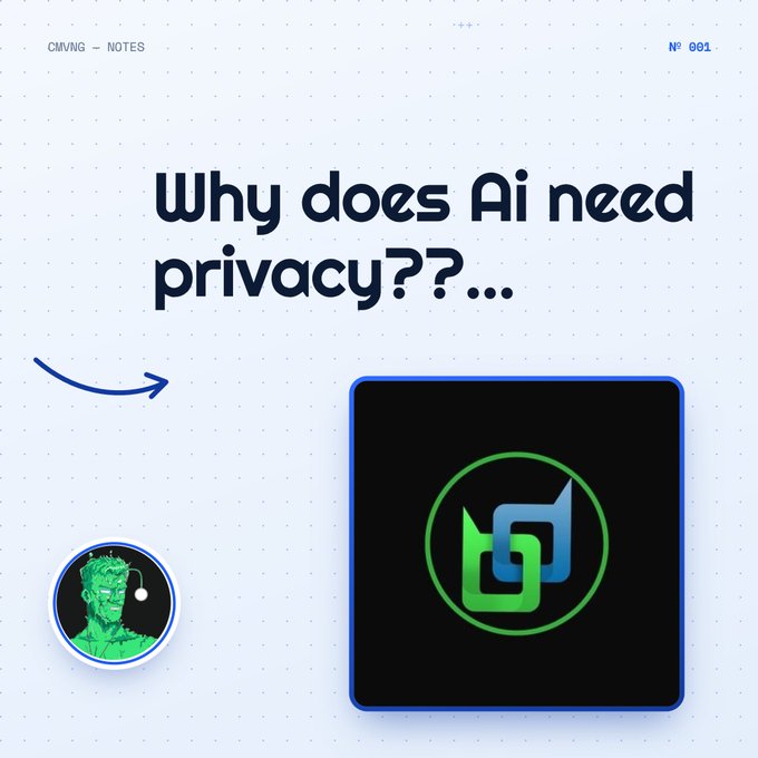 A graphic titled 'Why does AI need privacy??...' features an arrow pointing to a black square with a green and blue logo inside.