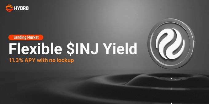 The image is a promotional graphic for Hydro's Lending Market, featuring the INJ token logo prominently displayed on a sleek, dark background with the headline "Flexible $INJ Yield" advertising an 11.3% APY with no lockup, directly supporting the post's message about flexible, liquid yield opportunities for INJ holders through Hydro Lending.
