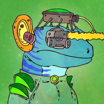 A cartoon blue dinosaur wearing green overalls and goggles breathes fire from a mechanical contraption on its head.